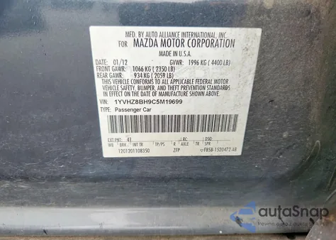 2012 Mazda 6 I z USA, uszkodzony, nr VIN 1YVHZ8BH9C5M19699